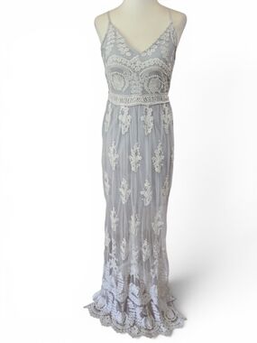 Altar'd State Light Gray Lace-Embroidered Spaghetti Strap Maxi Dress
